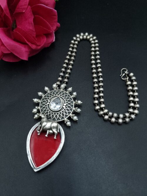 Handcrafted Oxidized Silver Plated Nandi Necklace with Monalisa Stone Work