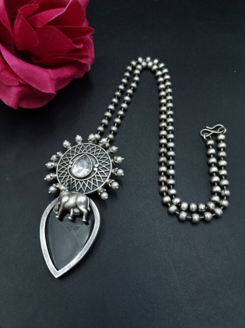 Handcrafted Oxidized Silver Plated Nandi Necklace with Monalisa Stone Work