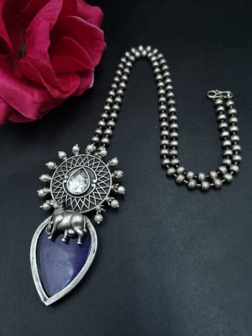 Handcrafted Oxidized Silver Plated Nandi Necklace with Monalisa Stone Work