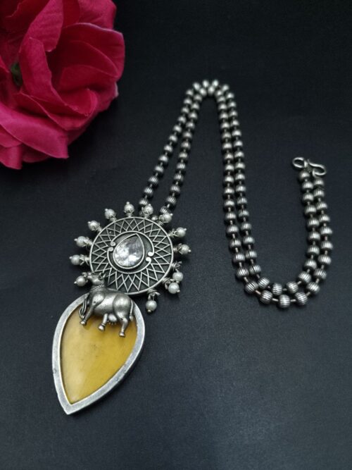Handcrafted Oxidized Silver Plated Nandi Necklace with Monalisa Stone Work