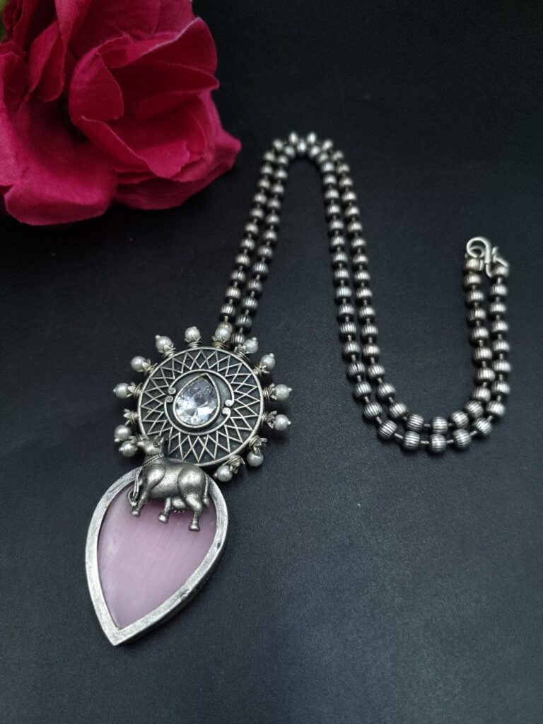 Handcrafted Nandi Design Necklace | Oxidized Silver Plated Monalisa Stone Amazing Jewelry