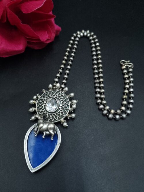 Handcrafted Oxidized Silver Plated Nandi Necklace with Monalisa Stone Work