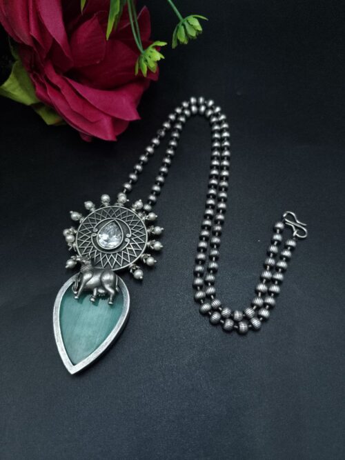 Handcrafted Oxidized Silver Plated Nandi Necklace with Monalisa Stone Work