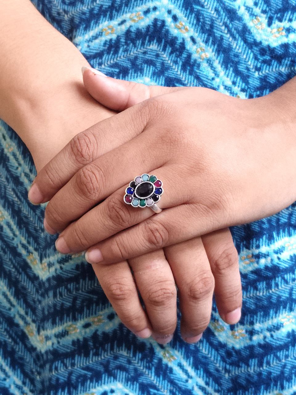 Unique Ethnic Adjustable Stone Ring | Silver Plated Oxidized Daily Wear Jewelry 4 Oxidized silver plated adjustable stone ring with ethnic design