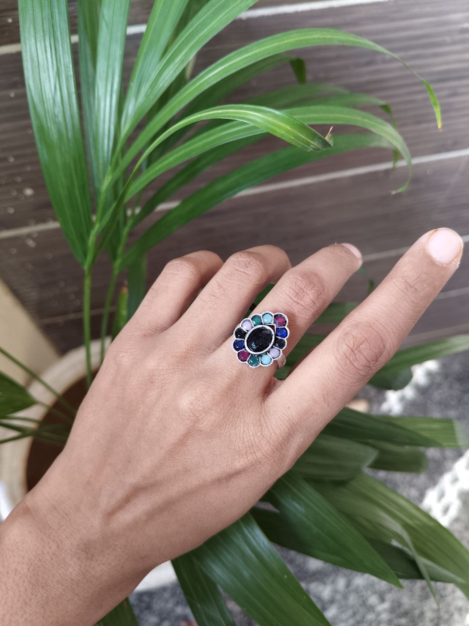 Unique Ethnic Adjustable Stone Ring | Silver Plated Oxidized Daily Wear Jewelry 1 Oxidized silver plated adjustable stone ring with ethnic design