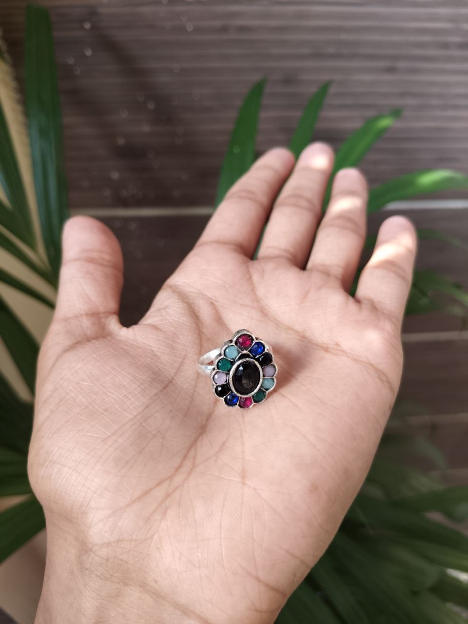 Unique Ethnic Adjustable Stone Ring | Silver Plated Oxidized Daily Wear Jewelry 2 Oxidized silver plated adjustable stone ring with ethnic design