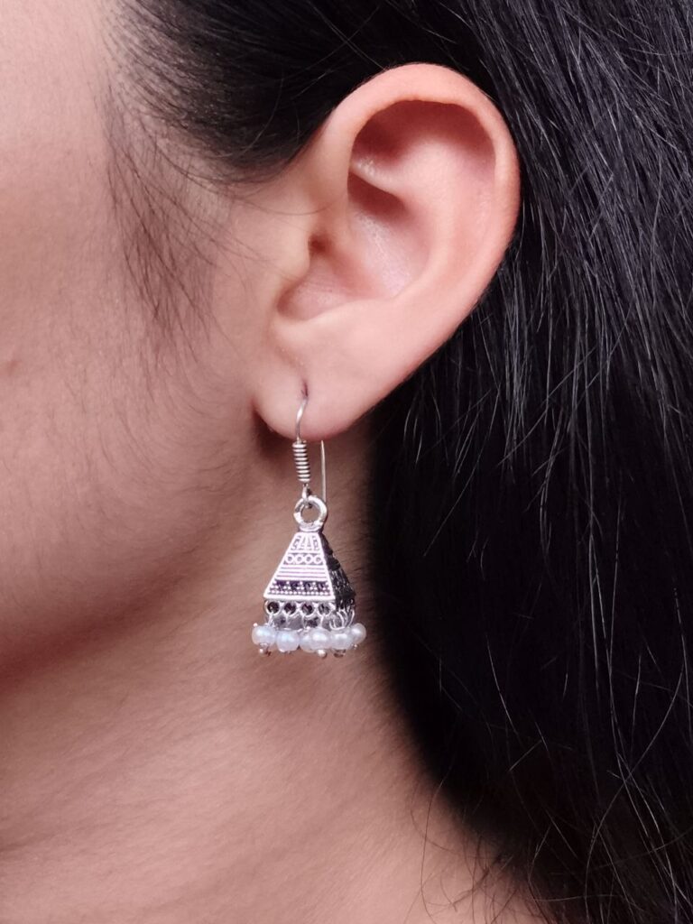 Oxidized German Silver Triangle Jhumka Earrings | Ethnic Hook Dangler with Pearl Beads Beautiful Jewelry