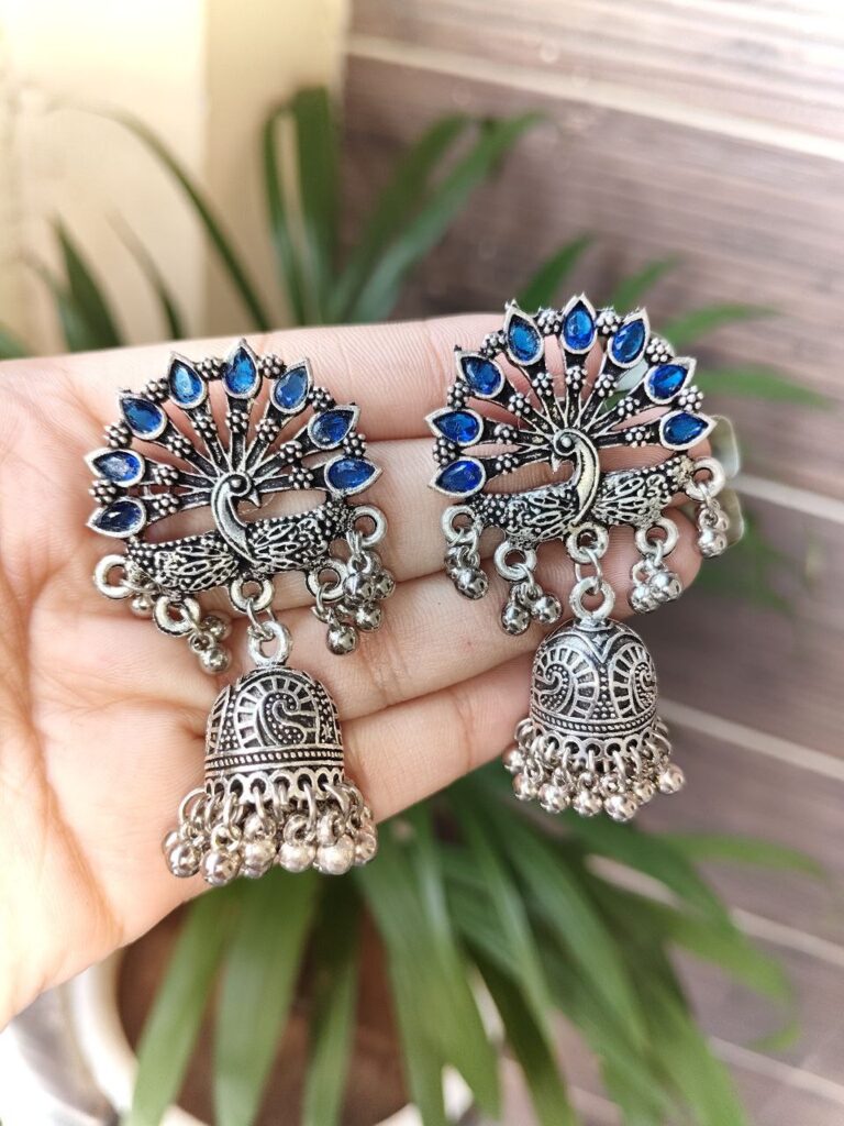 Oxidized Peacock Jhumka Earrings | Ghungroo & Stone Work Traditional Jewelry