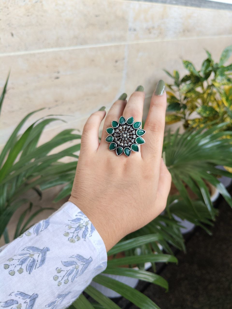 Silver Plated Flower Design Rings | Oxidized Stone Work Jewelry 2 Silver Plated Flower Design Rings | Oxidized Stone Work Jewelry - Image 2