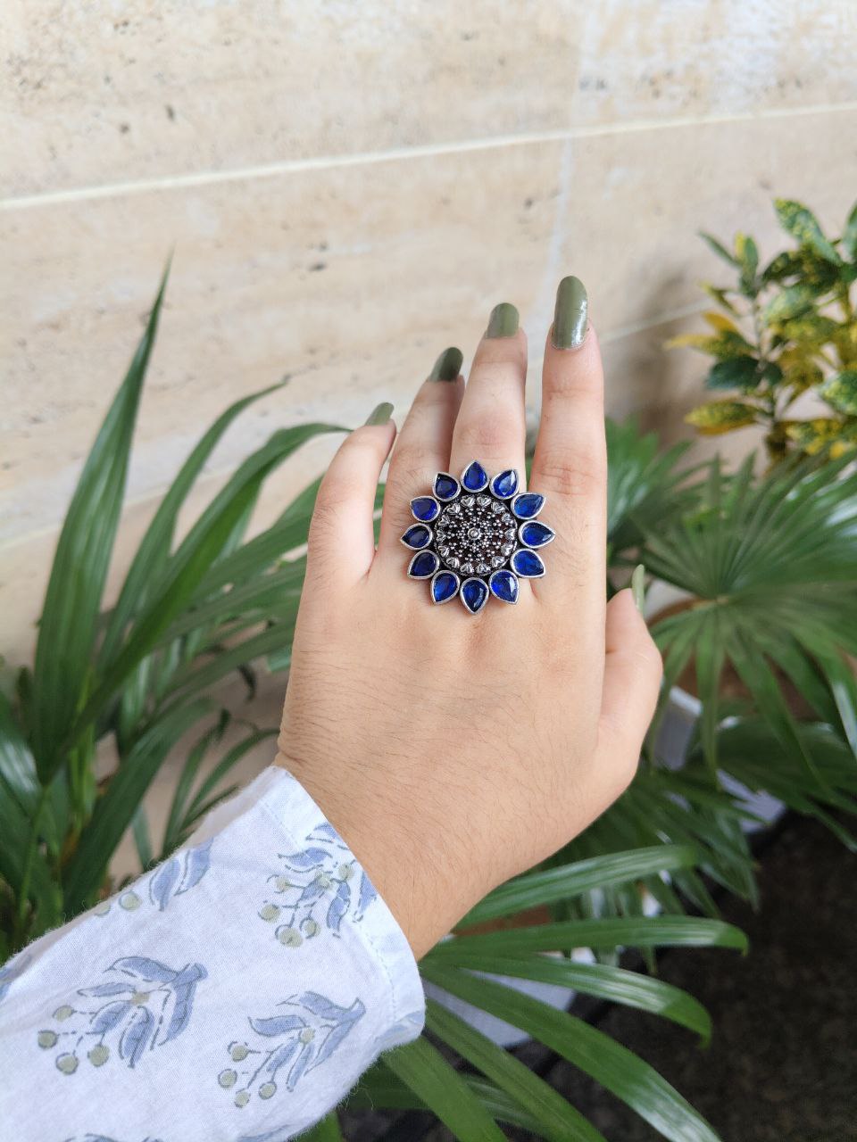 Silver Plated Flower Design Rings | Oxidized Stone Work Jewelry 3 Silver Plated Flower Design Rings | Oxidized Stone Work Jewelry - Image 3