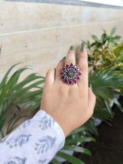 Silver Plated Flower Design Rings | Oxidized Stone Work Jewelry