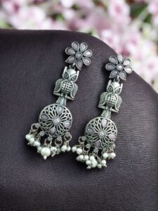Silver Replica Owl Earrings | Oxidized Stone & Pearl Work Flower Design Unique Jewelry - color: "Baby Pink"