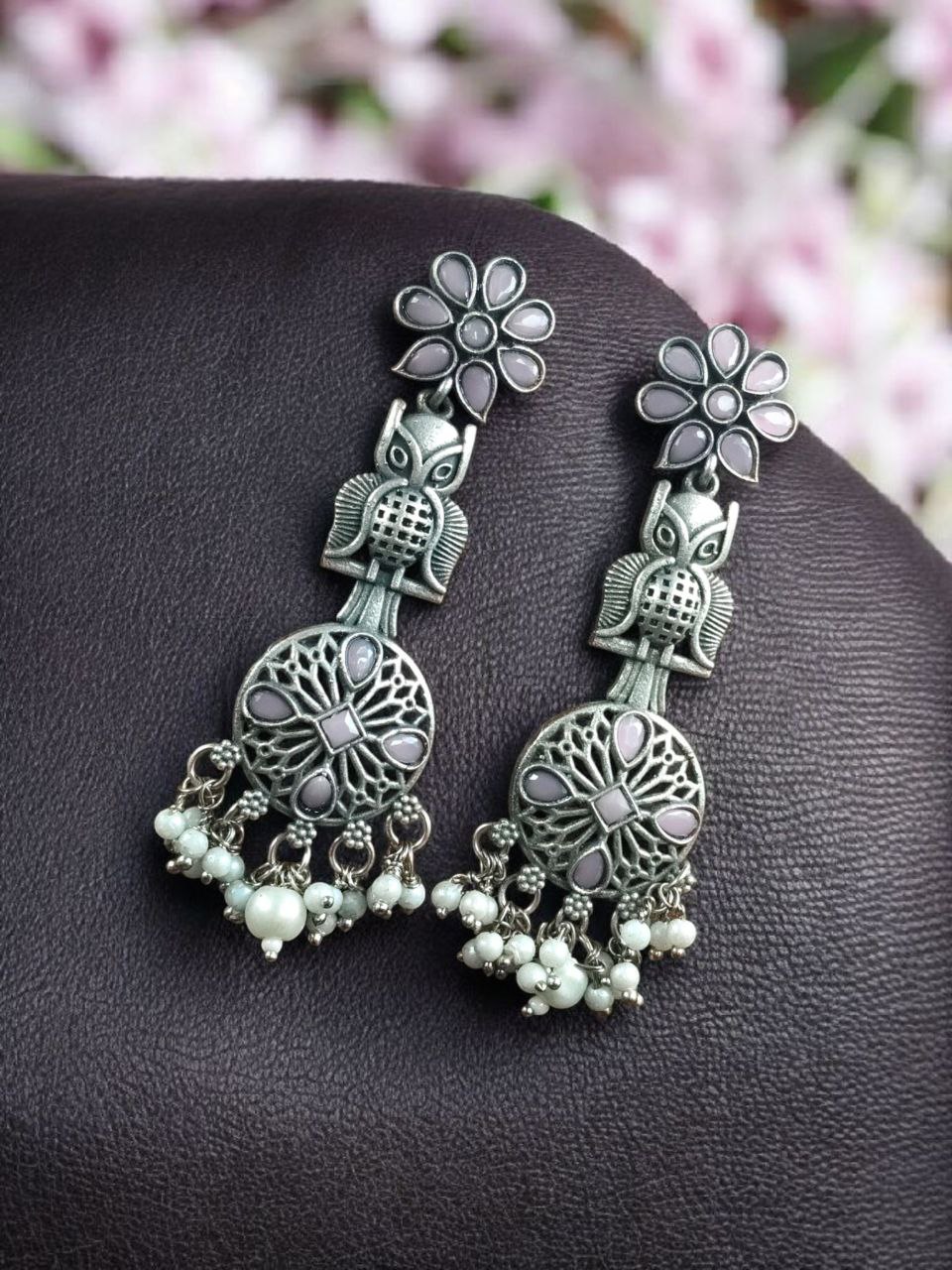 Silver Replica Owl Earrings | Oxidized Stone & Pearl Work Flower Design Unique Jewelry 3 Silver Replica Owl Earrings with Stone & Pearl Flower Design
