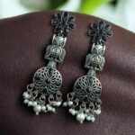 Bulk 332 Silver Replica Owl Earrings | Oxidized Stone & Pearl Work Flower Design Unique Jewelry - "Black"