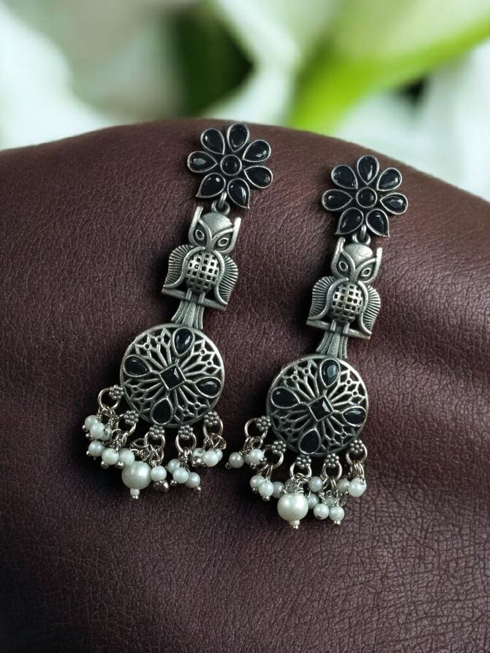 Silver Replica Owl Earrings | Oxidized Stone & Pearl Work Flower Design Unique Jewelry 4 Silver Replica Owl Earrings with Stone & Pearl Flower Design
