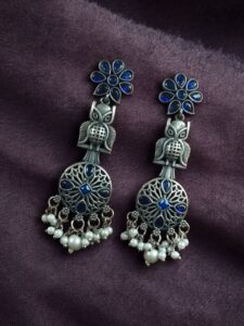 Silver Replica Owl Earrings | Oxidized Stone & Pearl Work Flower Design Unique Jewelry - color: "Blue"