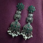 Bulk 336 Silver Replica Owl Earrings | Oxidized Stone & Pearl Work Flower Design Unique Jewelry - "Green"
