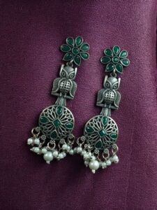 Silver Replica Owl Earrings | Oxidized Stone & Pearl Work Flower Design Unique Jewelry - color: "Green"