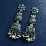 Bulk 338 Silver Replica Owl Earrings | Oxidized Stone & Pearl Work Flower Design Unique Jewelry - "Mint"