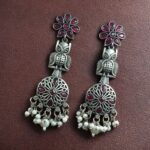 Bulk 340 Silver Replica Owl Earrings | Oxidized Stone & Pearl Work Flower Design Unique Jewelry - "Red"