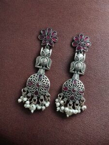 Silver Replica Owl Earrings | Oxidized Stone & Pearl Work Flower Design Unique Jewelry - color: "Red"