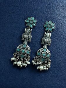 Silver Replica Owl Earrings | Oxidized Stone & Pearl Work Flower Design Unique Jewelry - color: "Mint"