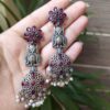 Silver Replica Owl Earrings with Stone & Pearl Flower Design
