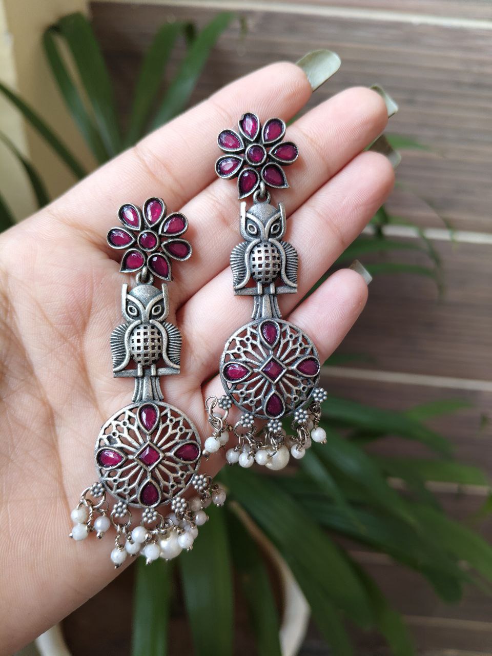 Silver Replica Owl Earrings | Oxidized Stone & Pearl Work Flower Design Unique Jewelry 6 Silver Replica Owl Earrings with Stone & Pearl Flower Design