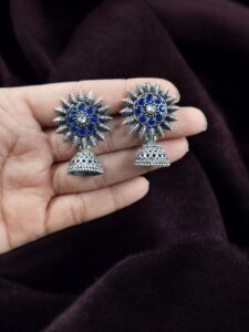 Traditional Oxidized Jhumka Earrings | German Silver Stone Work Amazing Jewelry - color: "Blue"