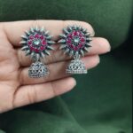 Bulk 308 Traditional Oxidized Jhumka Earrings | German Silver Stone Work Amazing Jewelry - "Red"