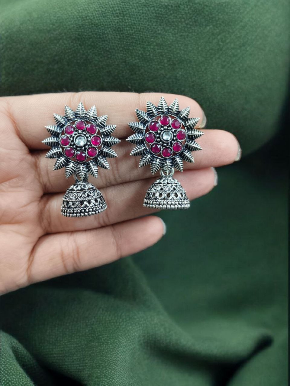 Traditional Oxidized Jhumka Earrings | German Silver Stone Work Amazing Jewelry 11 Traditional Oxidized German Silver Jhumka Earrings with Stone Work
