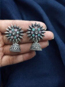 Traditional Oxidized Jhumka Earrings | German Silver Stone Work Amazing Jewelry - color: "Baby Pink-Mint"
