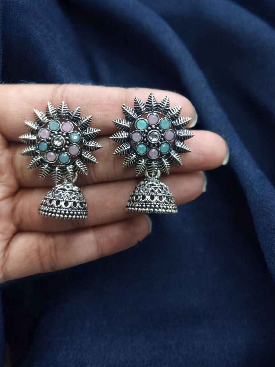 Traditional Oxidized Jhumka Earrings | German Silver Stone Work Amazing Jewelry 8 Traditional Oxidized German Silver Jhumka Earrings with Stone Work