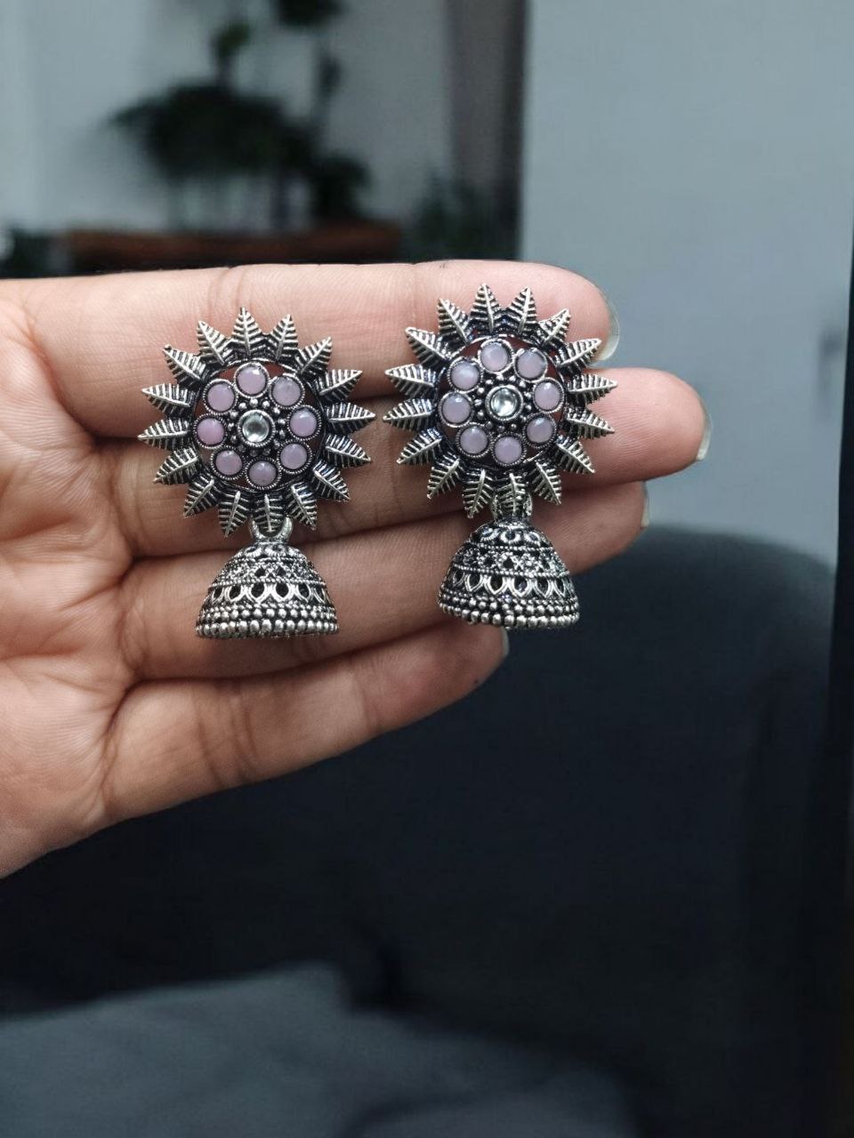 Traditional Oxidized Jhumka Earrings | German Silver Stone Work Amazing Jewelry 9 Traditional Oxidized German Silver Jhumka Earrings with Stone Work