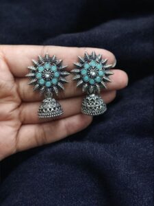Traditional Oxidized Jhumka Earrings | German Silver Stone Work Amazing Jewelry - color: "Mint"