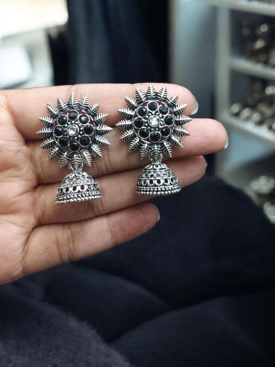 Traditional Oxidized Jhumka Earrings | German Silver Stone Work Amazing Jewelry 6 Traditional Oxidized German Silver Jhumka Earrings with Stone Work