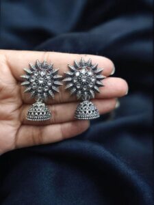 Traditional Oxidized Jhumka Earrings | German Silver Stone Work Amazing Jewelry - color: "White"