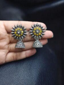 Traditional Oxidized Jhumka Earrings | German Silver Stone Work Amazing Jewelry - color: "Yellow"