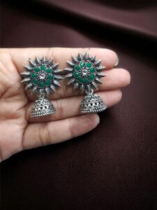 Traditional Oxidized Jhumka Earrings | German Silver Stone Work Amazing Jewelry - color: "Green"