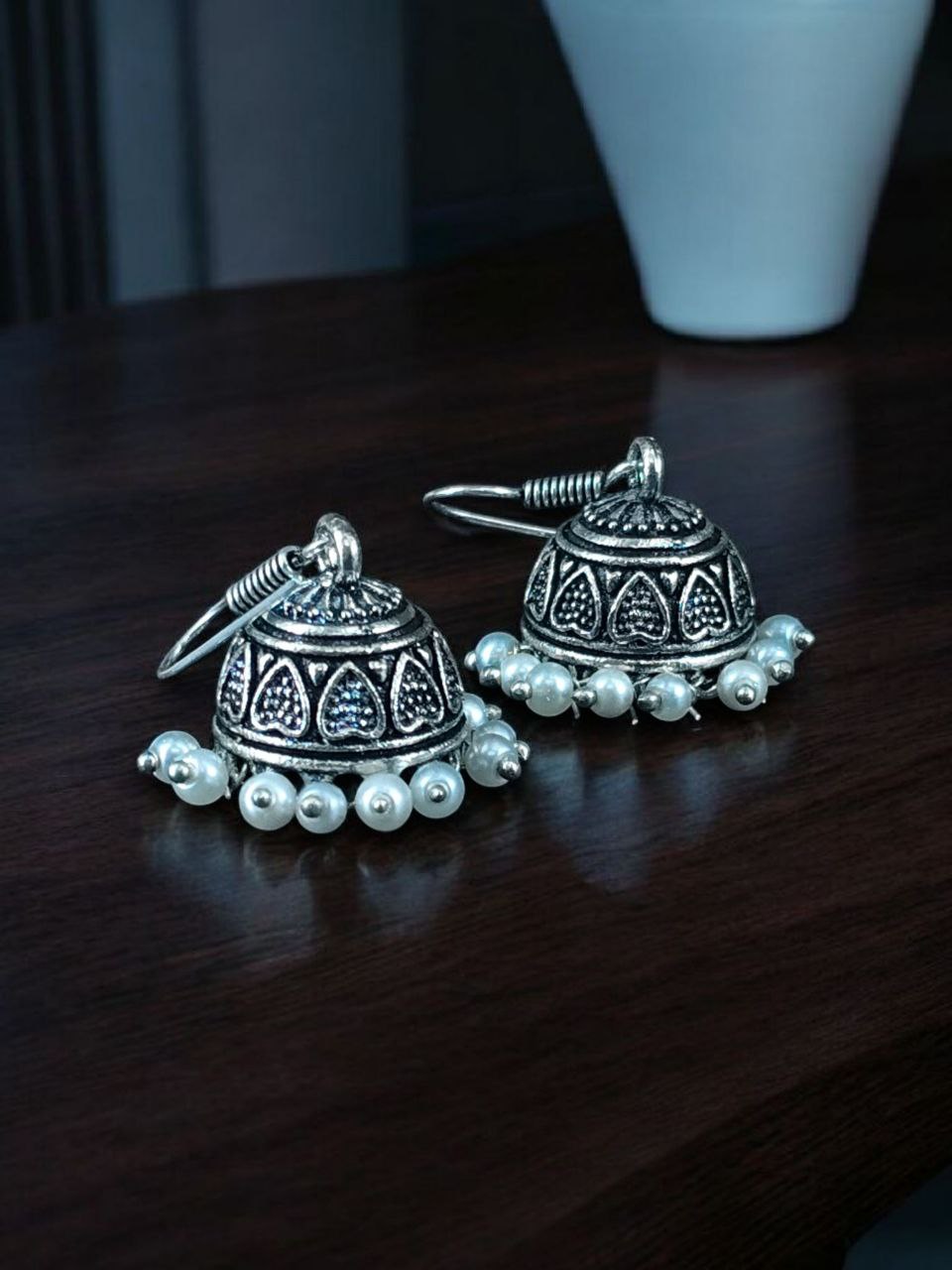 Traditional Pearl Work Heart Design Jhumki Earrings | Oxidized German Silver Perfect Jewelry For Girls 3 Traditional Heart Design Jhumki Earrings with Pearl Work in Oxidized German Silver
