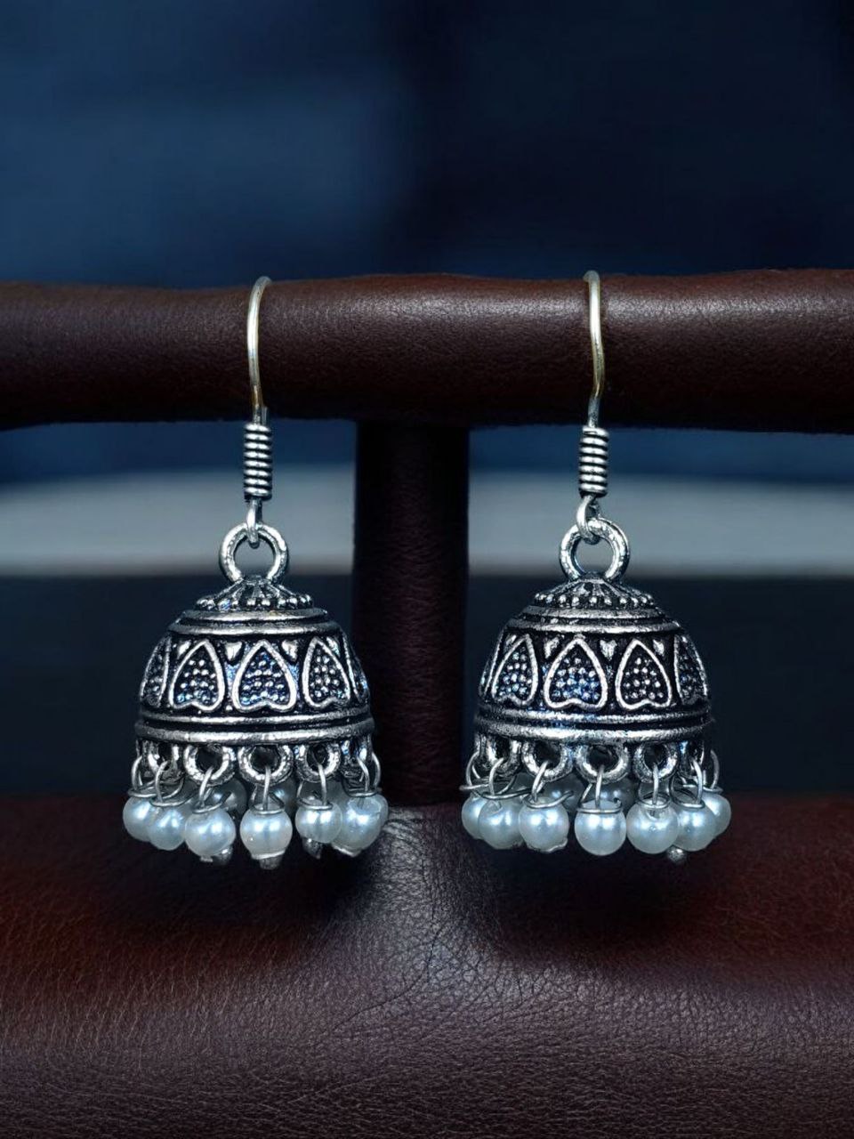 Traditional Pearl Work Heart Design Jhumki Earrings | Oxidized German Silver Perfect Jewelry For Girls 2 Traditional Heart Design Jhumki Earrings with Pearl Work in Oxidized German Silver