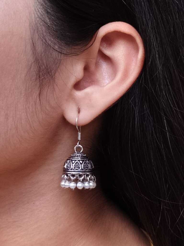 Traditional Pearl Work Heart Design Jhumki Earrings | Oxidized German Silver Perfect Jewelry For Girls