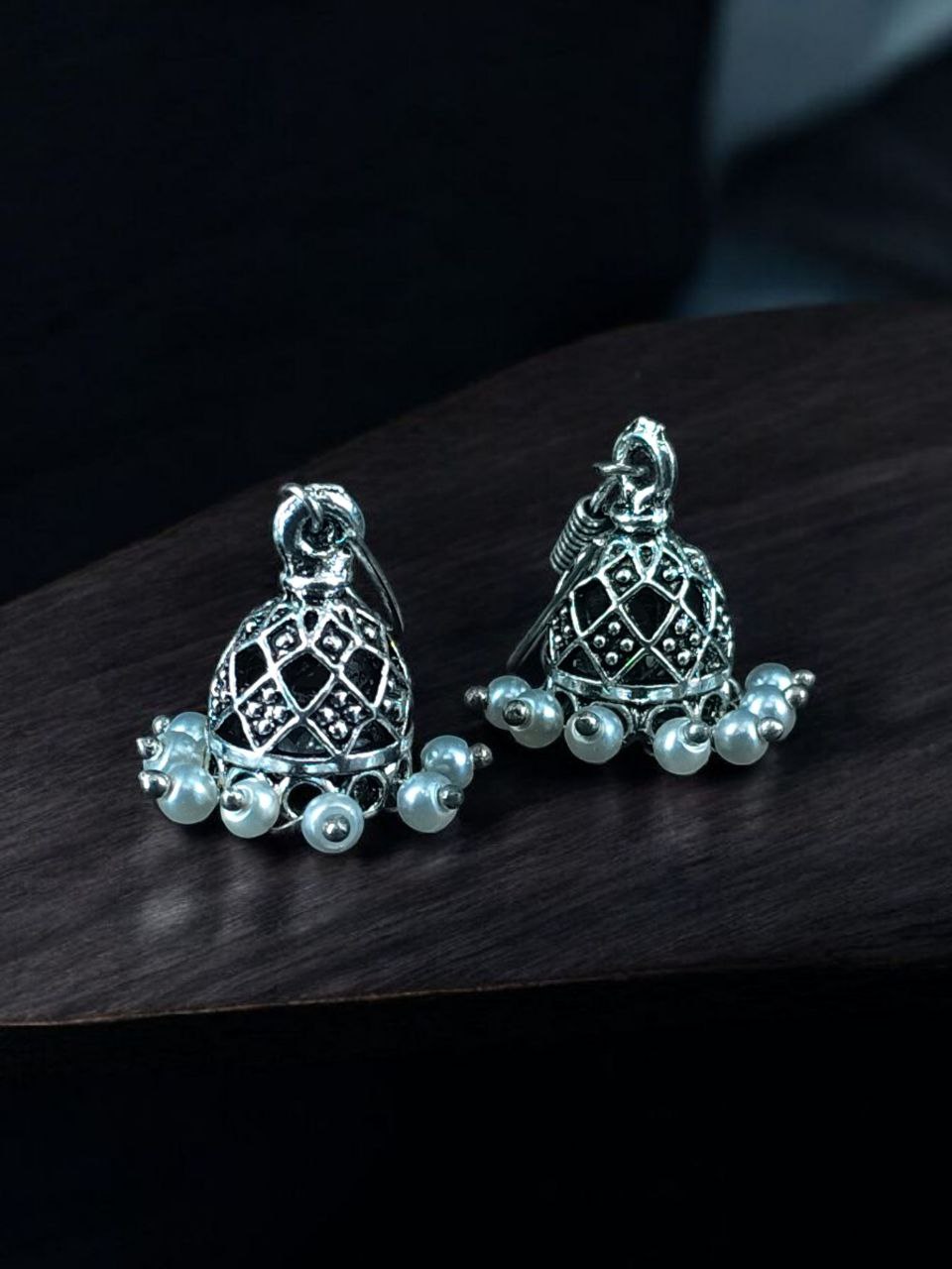 Unique Design Jhumki Earrings | Oxidized German Silver with Elegant Pearl Work Jewelry 3 Unique Oxidized German Silver Jhumki Earrings with Elegant Pearl Work