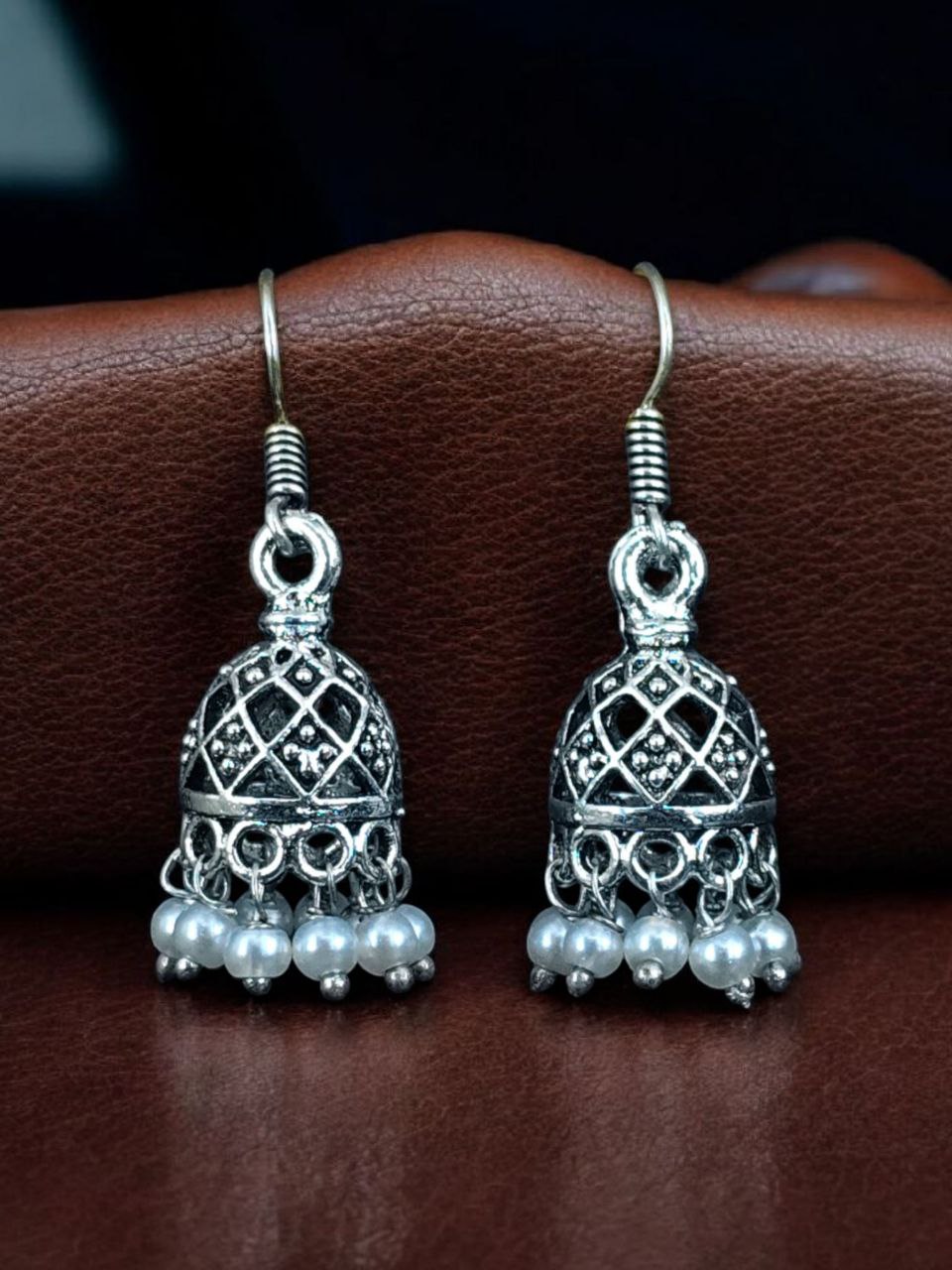 Unique Design Jhumki Earrings | Oxidized German Silver with Elegant Pearl Work Jewelry 2 Unique Oxidized German Silver Jhumki Earrings with Elegant Pearl Work