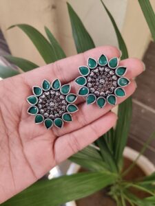 German Silver Flower Design Earrings | Stone Work Elegant Traditional Jewelry For Women - color: "Green"