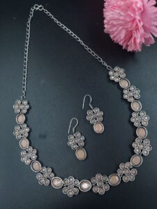 Ethnic Flower Design Necklace | Silver Plated Best Stone Detailing Choker Jewelry - color: "Peach"