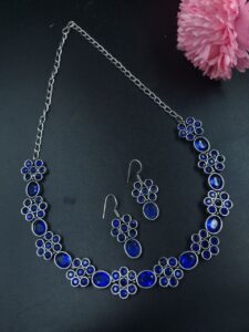 Ethnic Flower Design Necklace | Silver Plated Best Stone Detailing Choker Jewelry - color: "Blue"