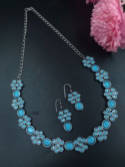 Ethnic Silver Plated Flower Design Necklace with Stone Detailing