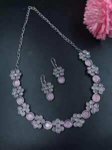 Ethnic Flower Design Necklace | Silver Plated Best Stone Detailing Choker Jewelry - color: "Baby Pink"