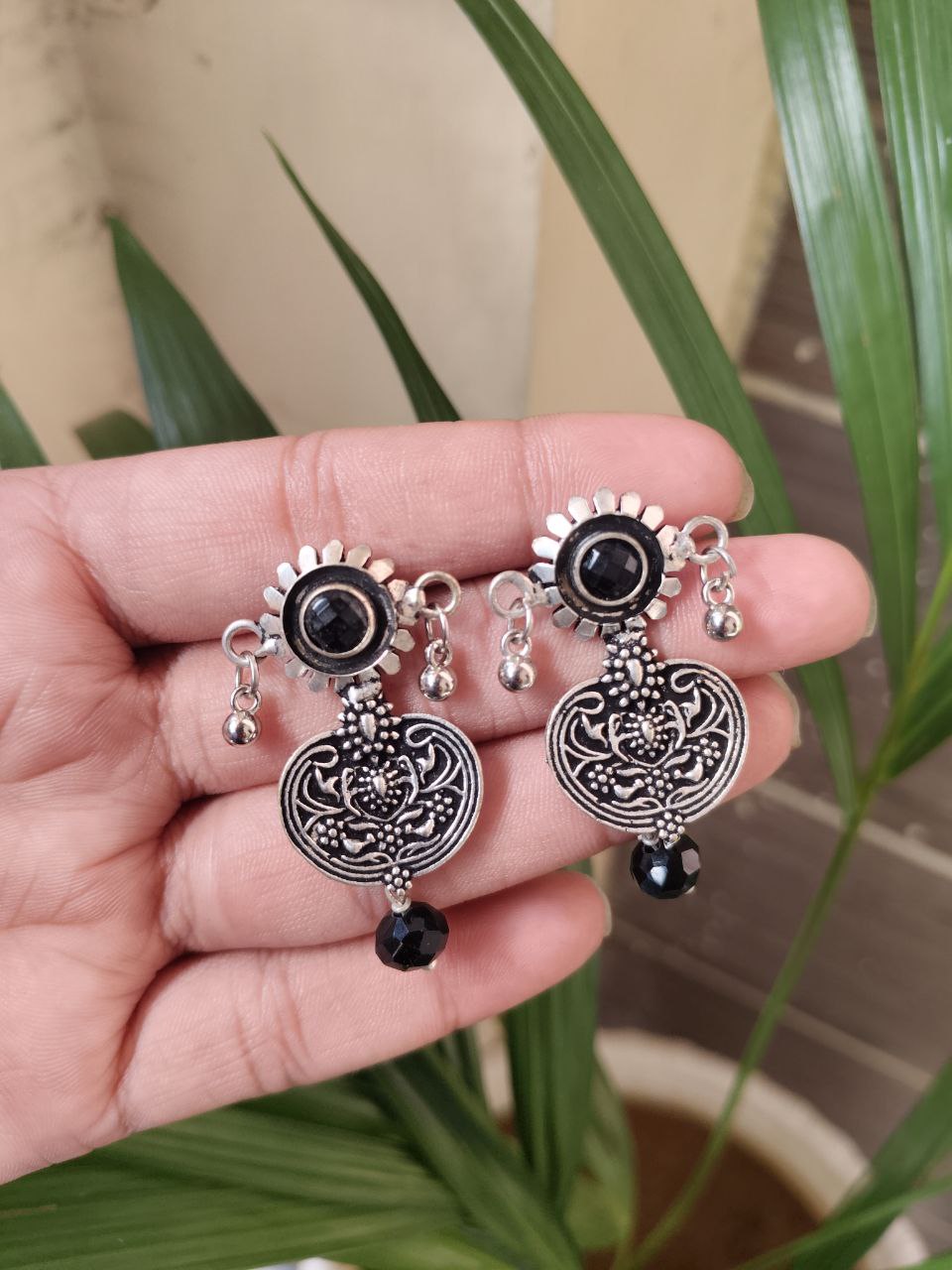 Handmade Antique Silver Plated Earrings | Flower & Stone Studs 2 Handmade Antique Silver Plated Earrings | Flower & Stone Studs - Image 3